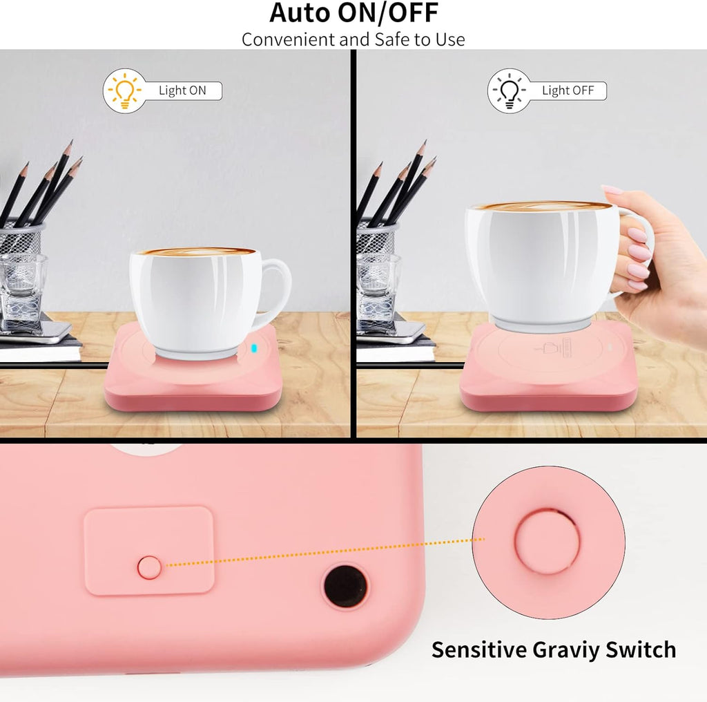USB Coffee Mug Warmer: Candle Wax Warmer Smart Electric Cup Warmer Charge for Phone Home Desk Office Use Beverage Heating Plate with Gravity Switch for Hot Cocoa Milk Tea Water Pink
