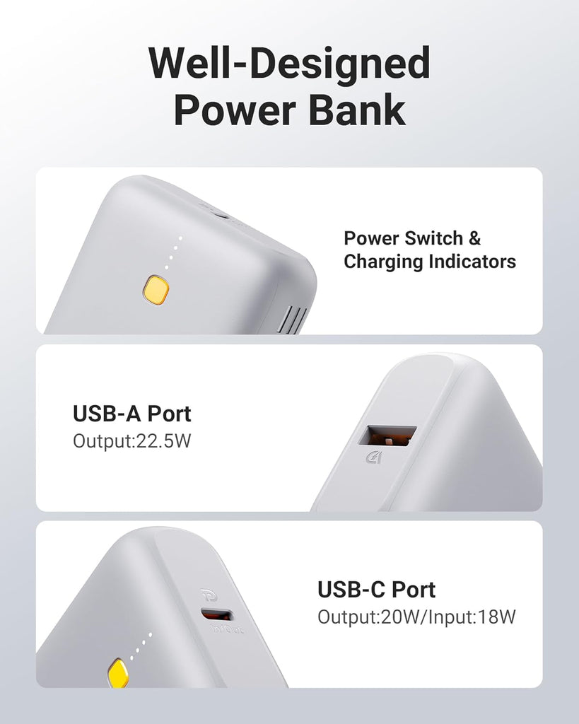 Portable Charger, Slim 10000mAh 5V/3A Power Bank, USB C in&Out High-Speed Charging Battery Pack