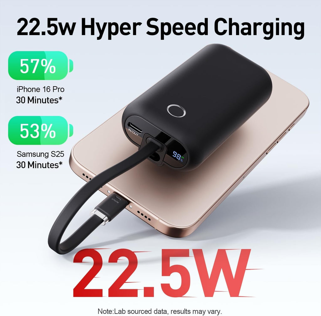 Mini Portable Charger 10,000mAh, 22.5W USB-C Fast Charging Power Bank with Built-in Cable