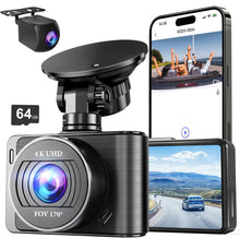 Load image into Gallery viewer, Dash Camera, 4K/1080p Dash Camera Front and Rear, Built-in 5GWiFi, Dash Cam with 64GB SD Card, Full HD 2.0” IPS Screen, for App Control, G-Sensor