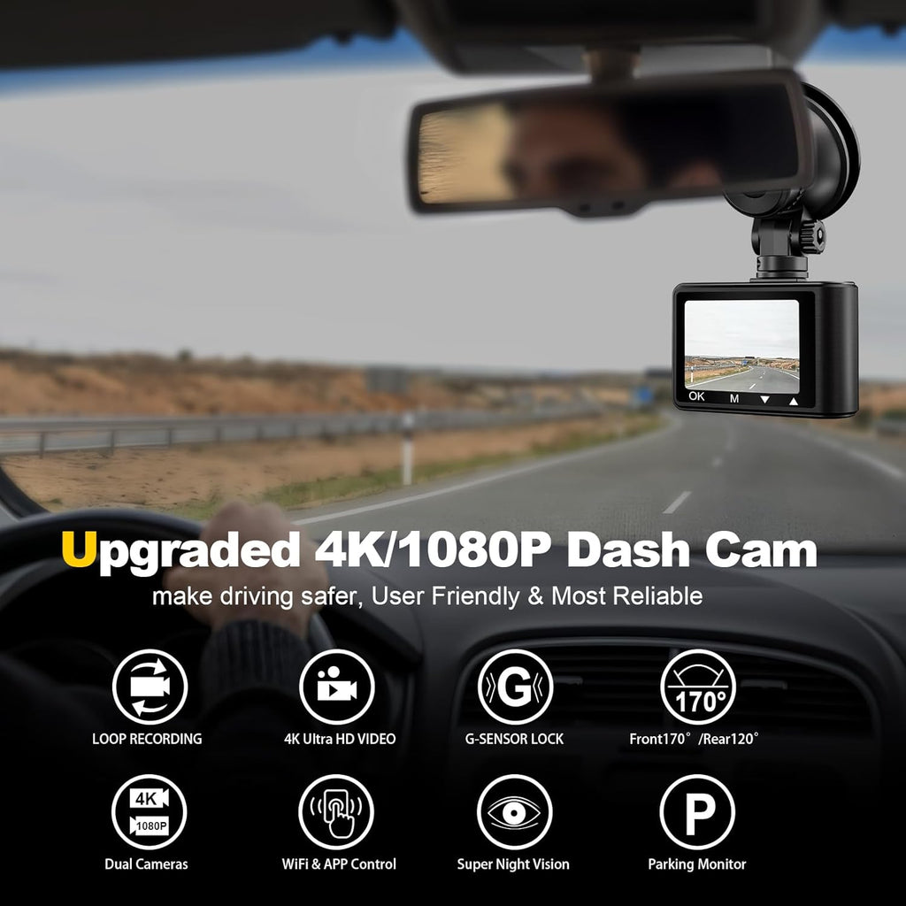 Dash Camera, 4K/1080p Dash Camera Front and Rear, Built-in 5GWiFi, Dash Cam with 64GB SD Card, Full HD 2.0” IPS Screen, for App Control, G-Sensor