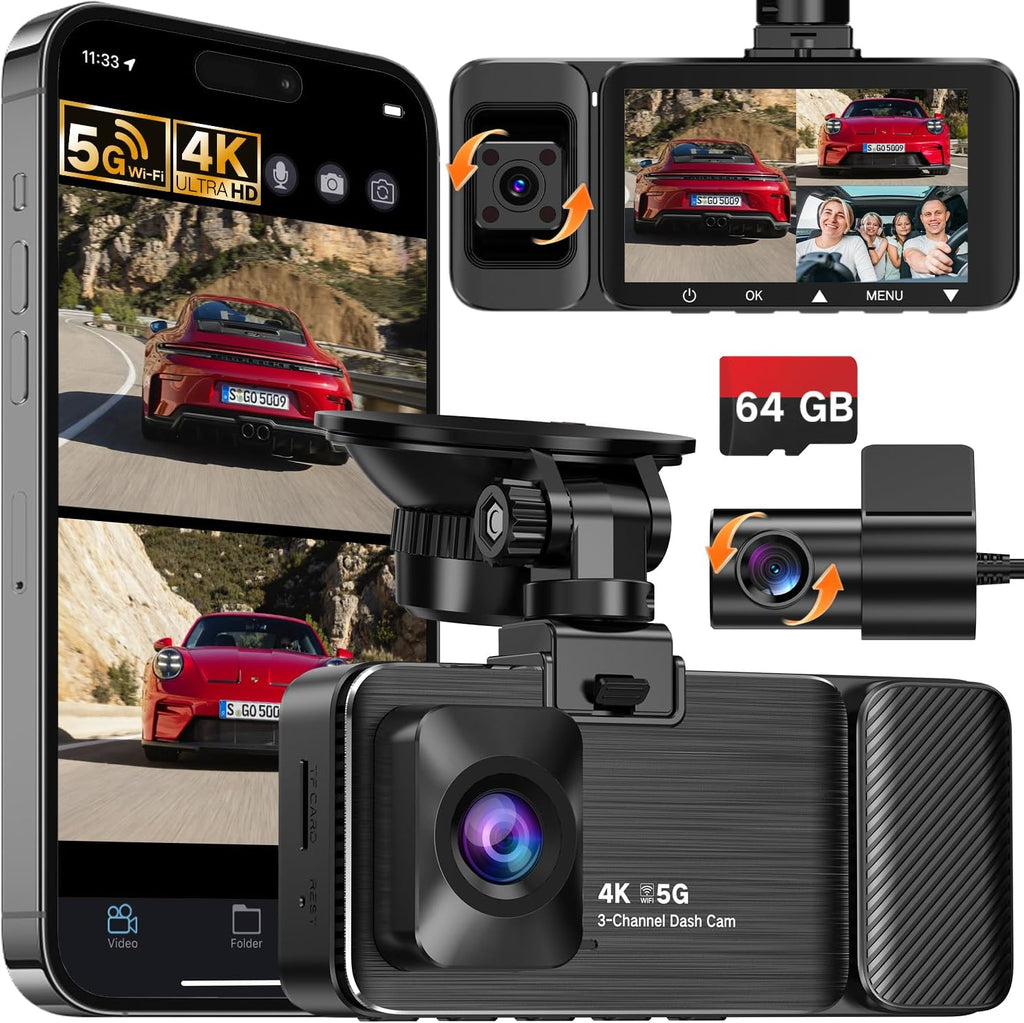 4K UHD 3 Channel Dash Cam Front and Rear Inside, Free 64GB Card Included, 360° Wide-Angle Full-View Dash Camera for Cars with Night Vision, 24H Parking Mode