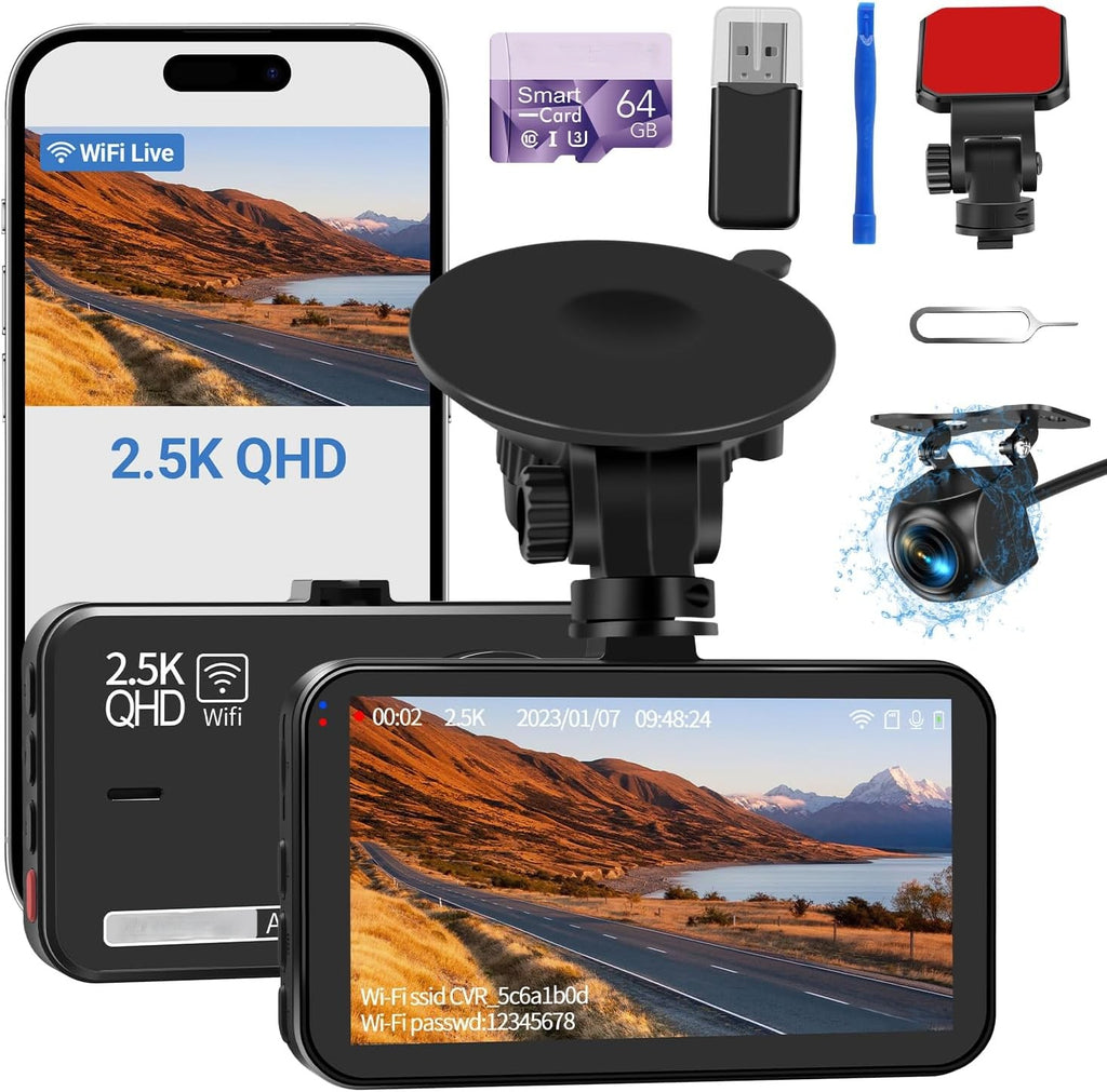 Dash Cam Front and Rear, Dash Camera for Cars WiFi/APP Control Dual Dashcam W/ 64GB Card