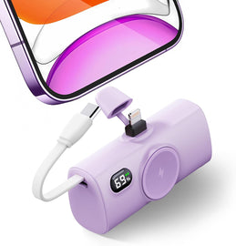 Mini Purple Power Bank with USB C,100g 5000mah Small Portable Charger for iPhone 14 Plus/14/14 Pro Max,Battery Pack with Digital Display