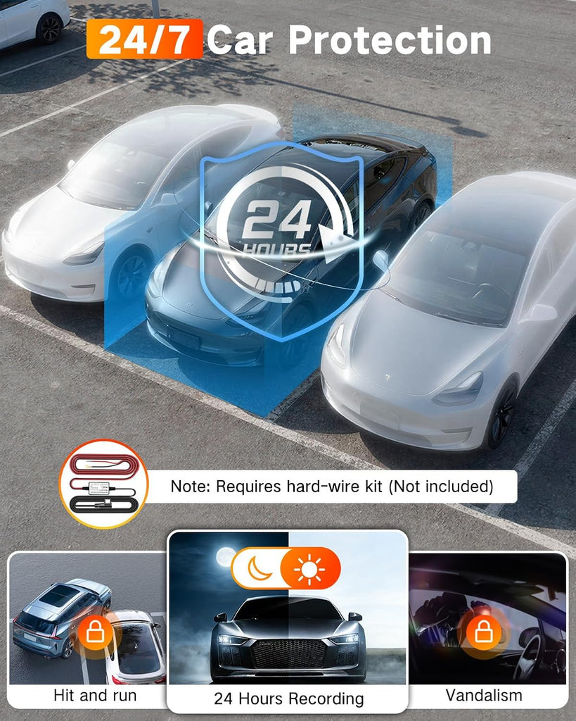 4K UHD 3 Channel Dash Cam Front and Rear Inside, Free 64GB Card Included, 360° Wide-Angle Full-View Dash Camera for Cars with Night Vision, 24H Parking Mode