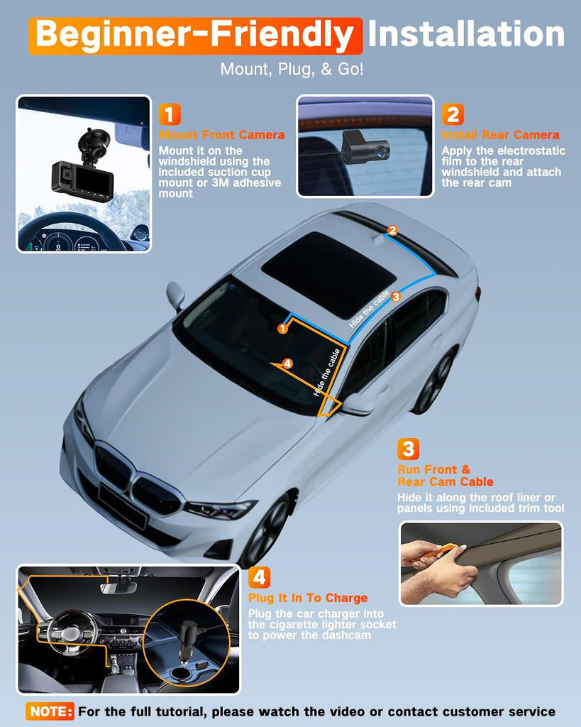 4K UHD 3 Channel Dash Cam Front and Rear Inside, Free 64GB Card Included, 360° Wide-Angle Full-View Dash Camera for Cars with Night Vision, 24H Parking Mode