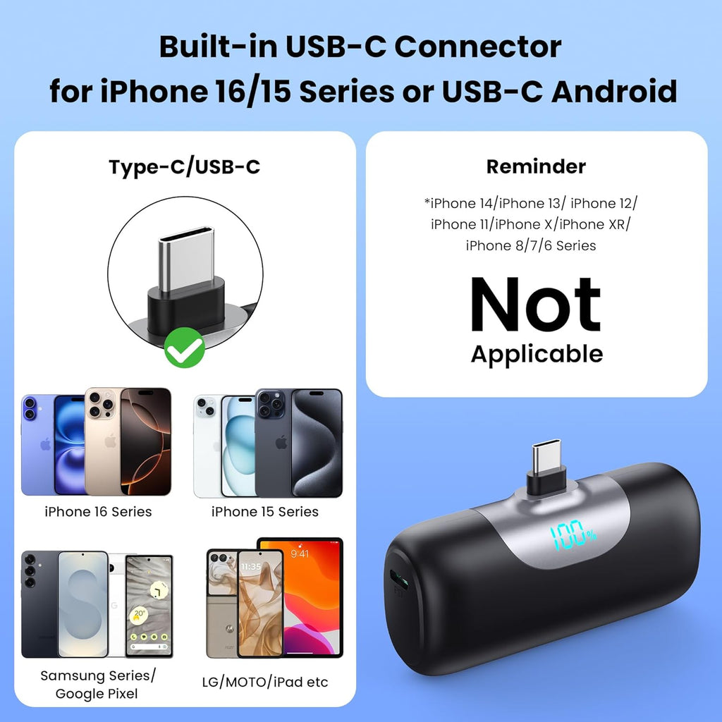 Mini Portable Charger for iPhone 17/16/15 Series,Upgraded 5500mAh PD Fast Charging USB-C Power Bank