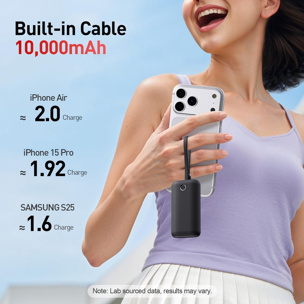 Mini Portable Charger 10,000mAh, 22.5W USB-C Fast Charging Power Bank with Built-in Cable