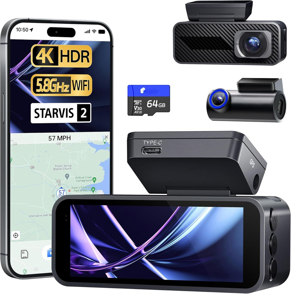 4K Dash Cam Front and Rear, 64GB Card, Dual Dash Camera for Cars with Full-Color Night Vision, HDR WDR, ADAS, GPS, WiFi & Voice Control