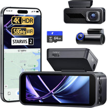 Load image into Gallery viewer, 4K Dash Cam Front and Rear, 64GB Card, Dual Dash Camera for Cars with Full-Color Night Vision, HDR WDR, ADAS, GPS, WiFi &amp; Voice Control
