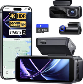 4K Dash Cam Front and Rear, 64GB Card, Dual Dash Camera for Cars with Full-Color Night Vision, HDR WDR, ADAS, GPS, WiFi & Voice Control
