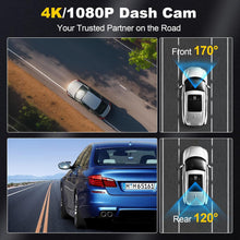 Load image into Gallery viewer, Dash Camera, 4K/1080p Dash Camera Front and Rear, Built-in 5GWiFi, Dash Cam with 64GB SD Card, Full HD 2.0” IPS Screen, for App Control, G-Sensor